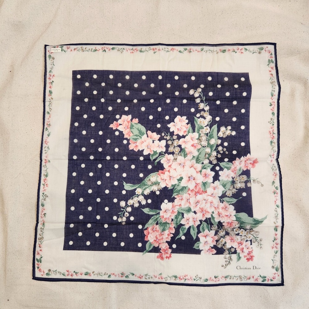 New Vintage Christian Dior Handkerchief Navy Polka Dot Floral 100% Cotton